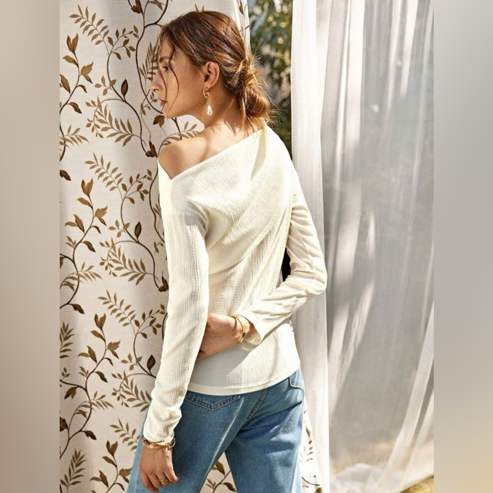 New Solid Asymmetrical Neck Tee - Picture 2 of 5